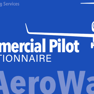 Commercial Pilot Questionnaire study resource with 300+ advanced FAA-style questions, featuring jet aircraft graphic and Alpha Tango Flying Services branding.