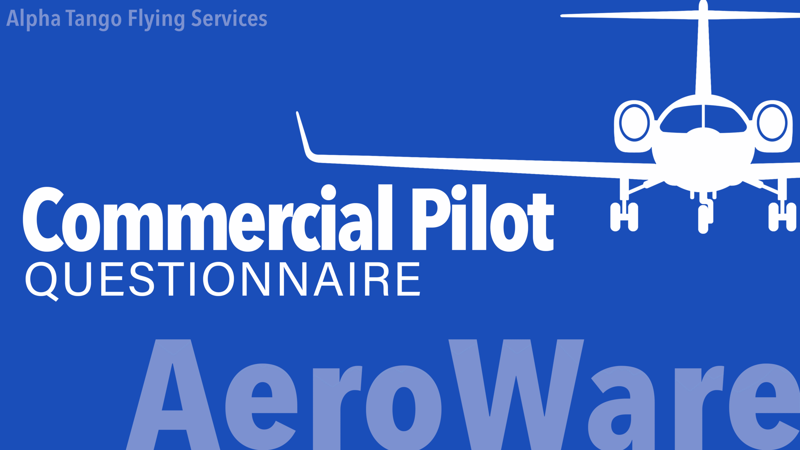 Commercial Pilot Questionnaire study resource with 300+ advanced FAA-style questions, featuring jet aircraft graphic and Alpha Tango Flying Services branding.